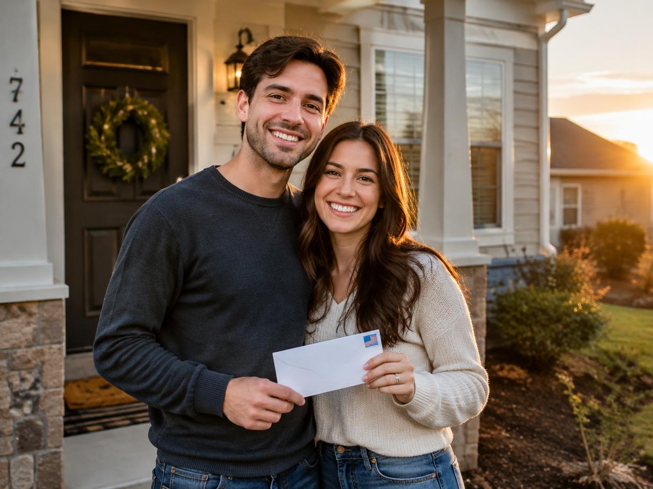 New homeowners holding mail on their porch
